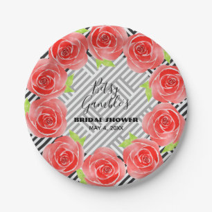 Roses on Black &White Stripes Party Plates