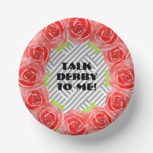 Roses on Black White Stripes Talk Derby Paper Plate