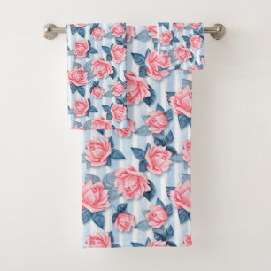 Roses on blue bath towel set