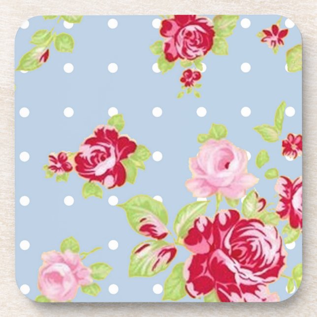 Roses On Blue Cork Coaster (Front)