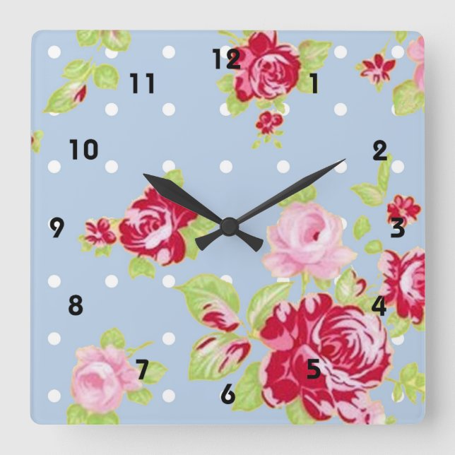 Roses On Blue Wall Clock (Front)