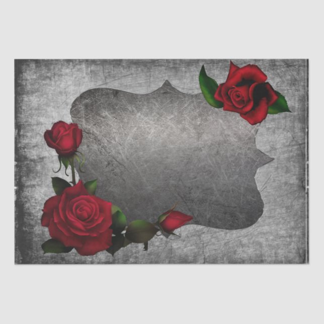 Roses on Grey Grunge Plaque Decoupage Tissue Paper (Front)