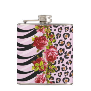 Roses on Leopard Print and Zebra Stripes on Pink Hip Flask