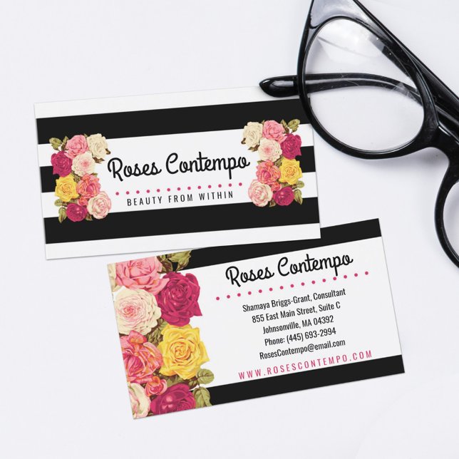 Roses on Modern Black & White Stripes Chic Florist Business Card (Creator Uploaded)