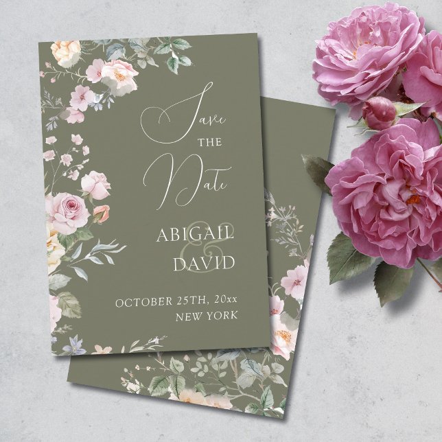 Roses on Olive Green Wedding Save The Date (Creator Uploaded)