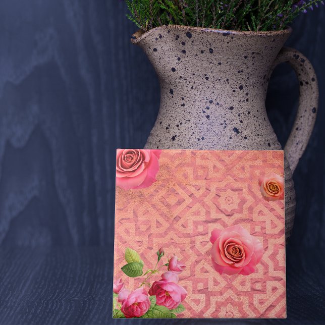 Roses On Vintage Antique Pink Moroccan Pattern Tile (Creator Uploaded)