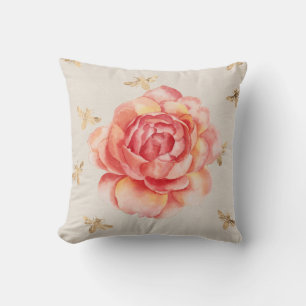 Roses on White with Golden Bees Background Cushion