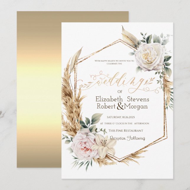 Roses Pampas Grass Gold Frame Wedding Invitation (Front/Back)