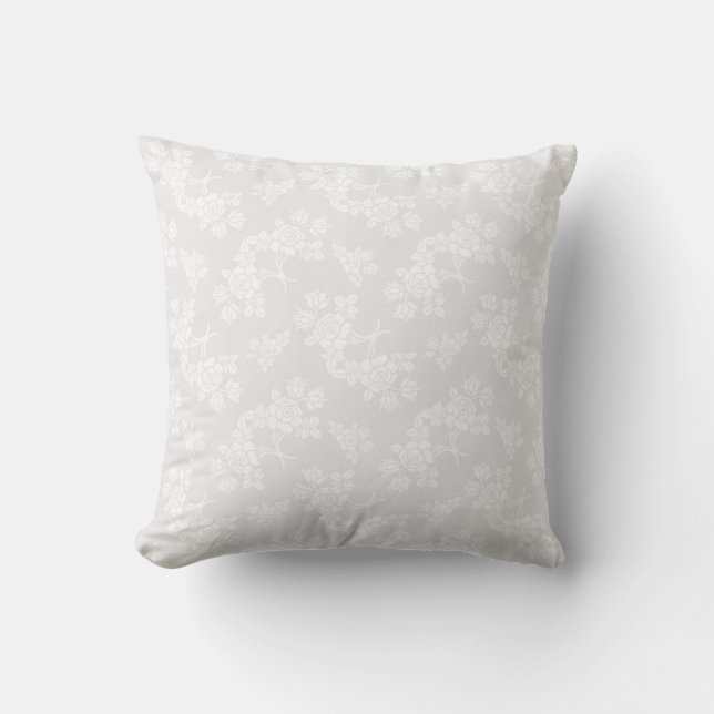 Roses Pattern in White over Light Warm Grey Cushion (Front)