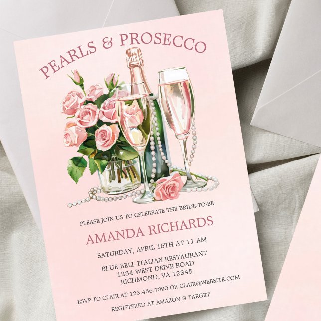 Roses Pearls and Prosecco Champagne Bridal Brunch Invitation (Creator Uploaded)