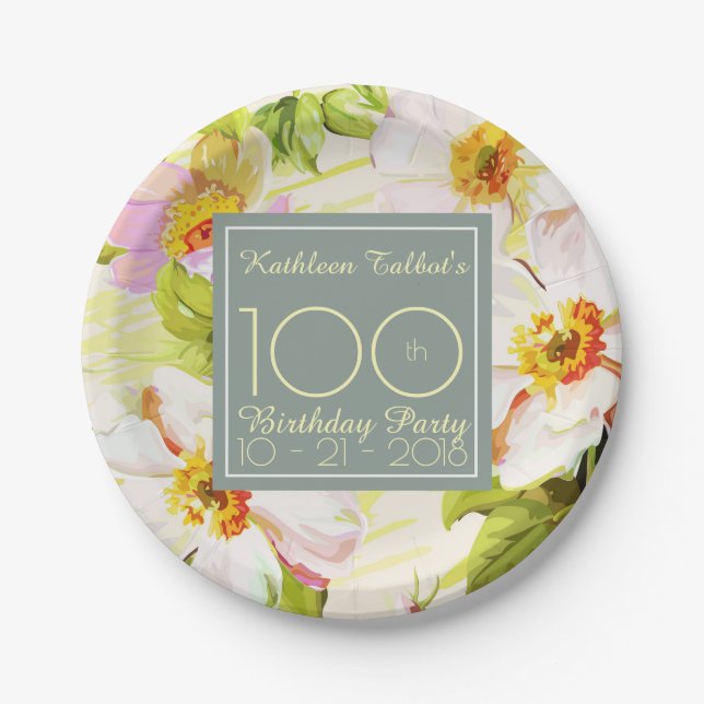 Roses Peonies 100th Birthday Party Paper Plate (Front)