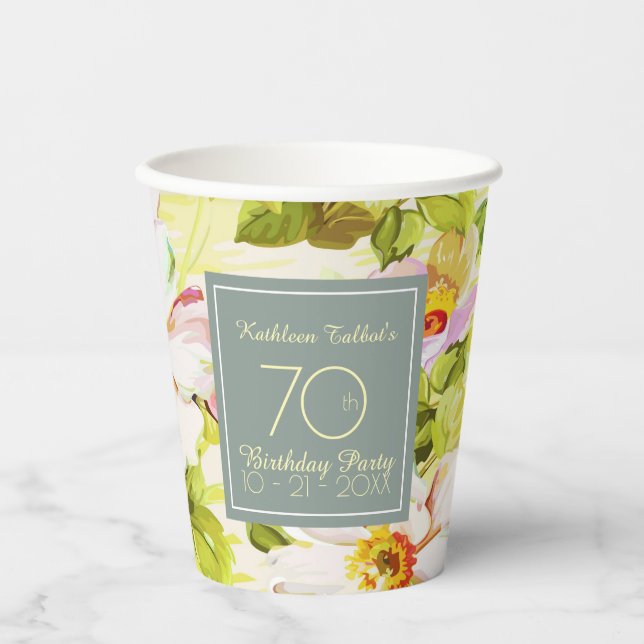 Roses Peonies 70th Birthday Party Paper Cup (Front)