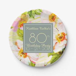 Roses Peonies 80th Birthday Party Paper Plate