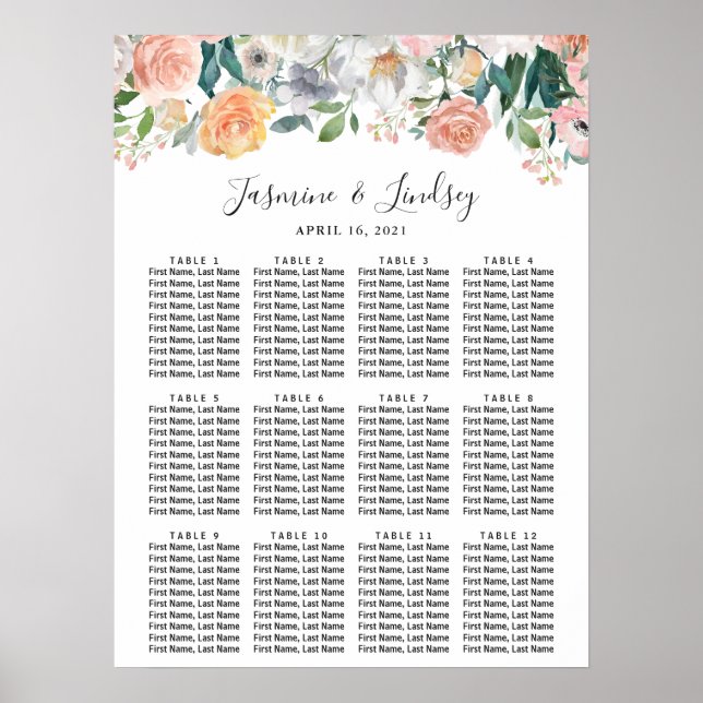 Roses Peonies Floral Wedding Seating Chart (Front)