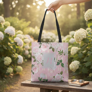 Roses Peonies On Blush Pink & Gold Damask Monogram Tote Bag