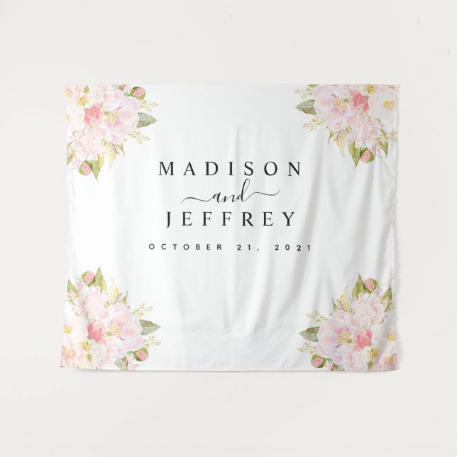 Roses Peony Blush Pink Wedding Backdrop Tapestry (Front (Horizontal))