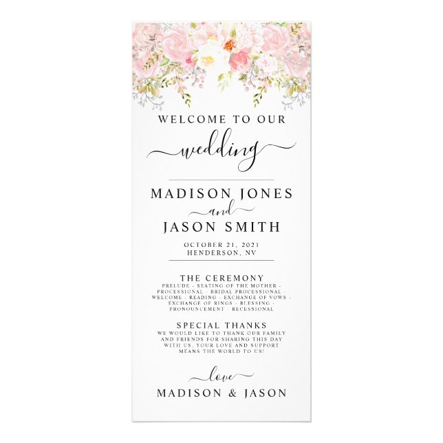 Roses Peony Blush Pink Wedding  Program Rack Card (Front)