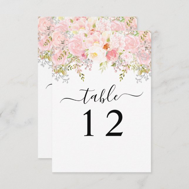 Roses Peony Blush Pink Wedding Table Number Card (Front/Back)
