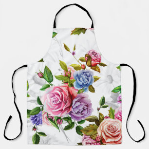 Roses, peony with leaves and chamomile with cornfl apron