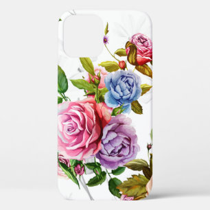 Roses, peony with leaves and chamomile with cornfl iPhone 12 case