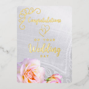 Roses Photo Christian Wedding Card Gold Foil