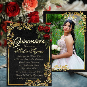 Roses, Photo & Gold Frame - Black Quinceanera 
