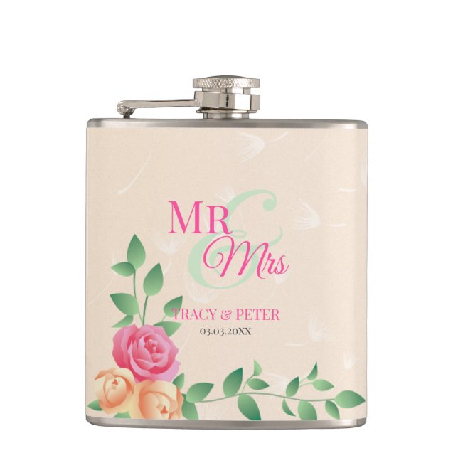 Roses pink And Yellow Hip Flask (Front)