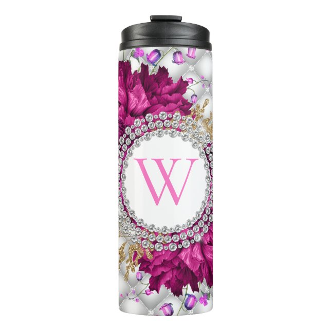 Roses Pink Burgundy Diamonds Elegant Monogram Thermal Tumbler (Front)