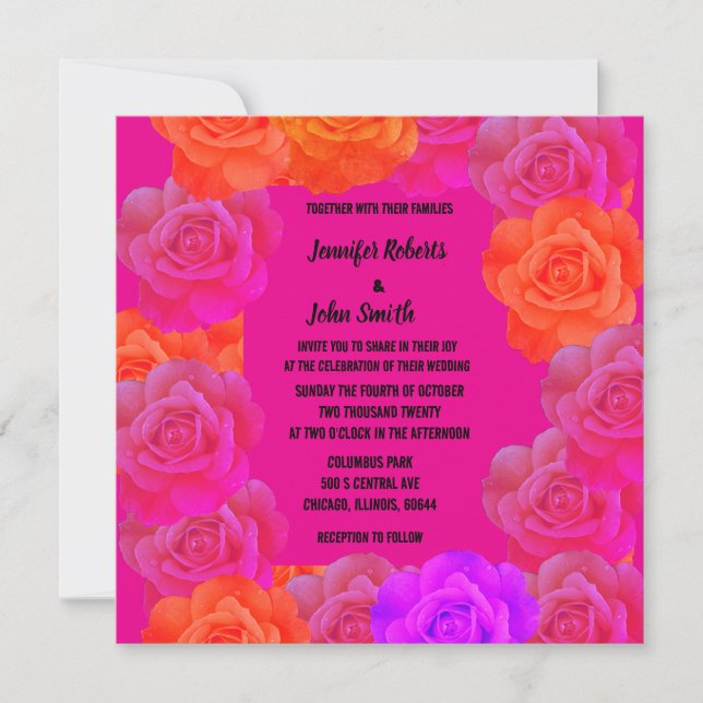 Roses Pink Orange Purple Floral QR Code Wedding (Front)