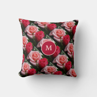 Roses Pink Red Floral Pattern Custom Monogram Cushion