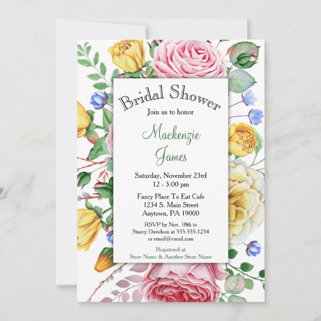 Roses Pink Yellow Floral Bridal Shower Invitation (Front)