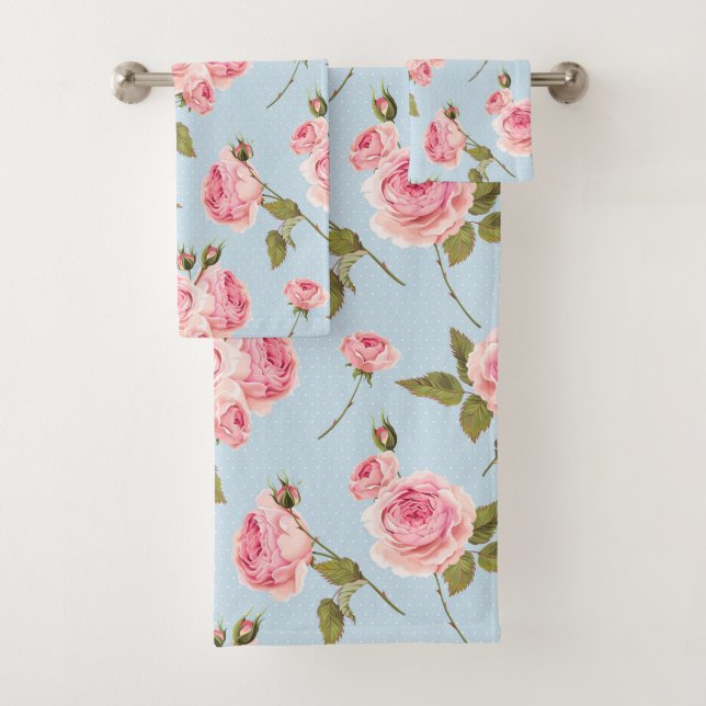 Roses & Polka Dots Pattern Bath Towel Set (Insitu)