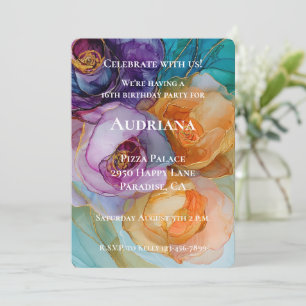 Roses Purple Pink Peach Yellow Floral Birthday Invitation