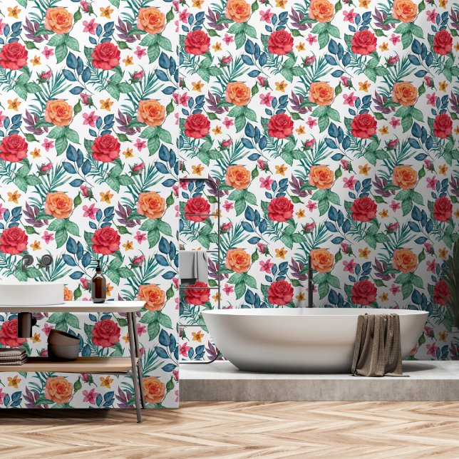 Roses Red Orange Green and Blue Leaves Wallpaper (Bathroom)