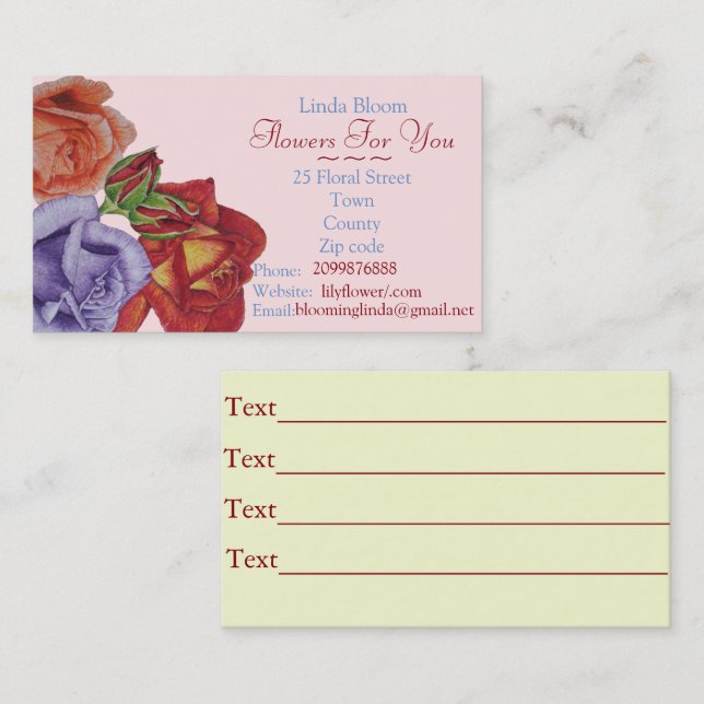 roses red peach blue flowers for gardener florist business card (Front/Back)
