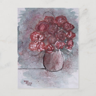 ROSES red watercolor art flower painting Postcard
