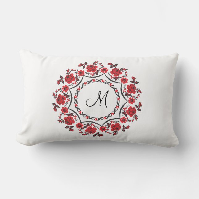 Roses ring Personalised Monogram Initial Lumbar Cushion (Front)