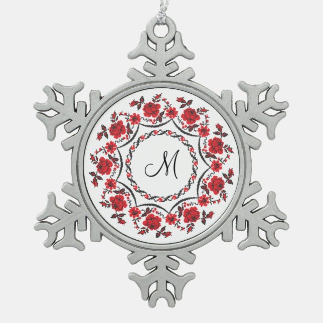 Roses ring Personalised Monogram Initial Snowflake Pewter Christmas Ornament (Front)