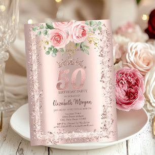 Roses,Rose Gold Glitter Frame Crown 50th Birthday Invitation