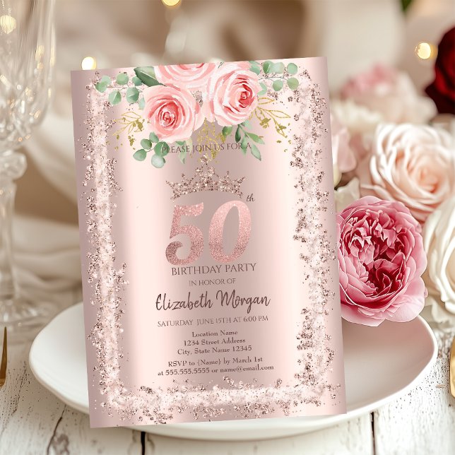 Roses,Rose Gold Glitter Frame Crown 50th Birthday Invitation (Creator Uploaded)