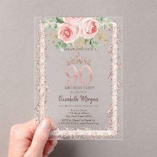 Roses,Rose Gold Glitter Frame Crown 90th Birthday  Acrylic Invitations