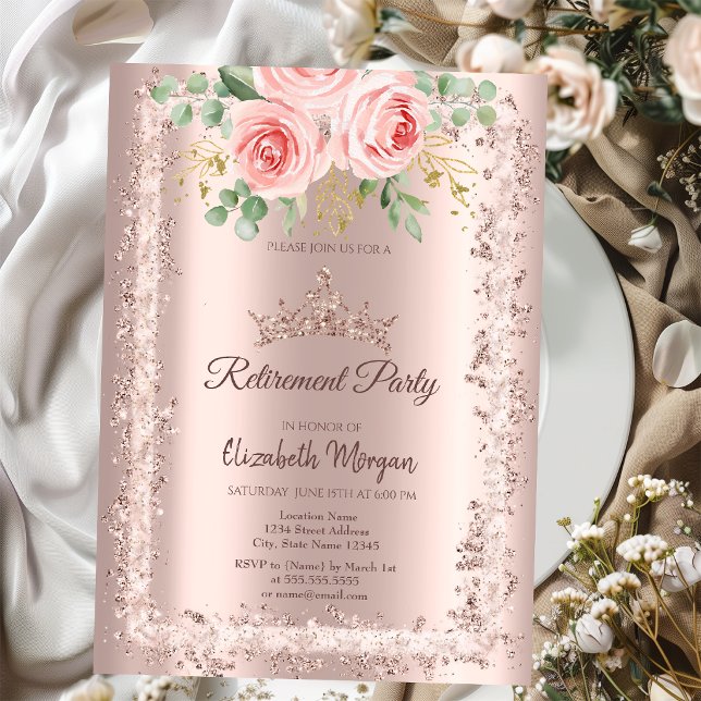 Roses,Rose Gold Glitter Frame Crown Retirement Invitation (Creator Uploaded)