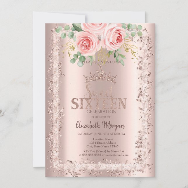 Roses,Rose Gold Glitter Frame Crown Sweet 16 Invitation (Front)