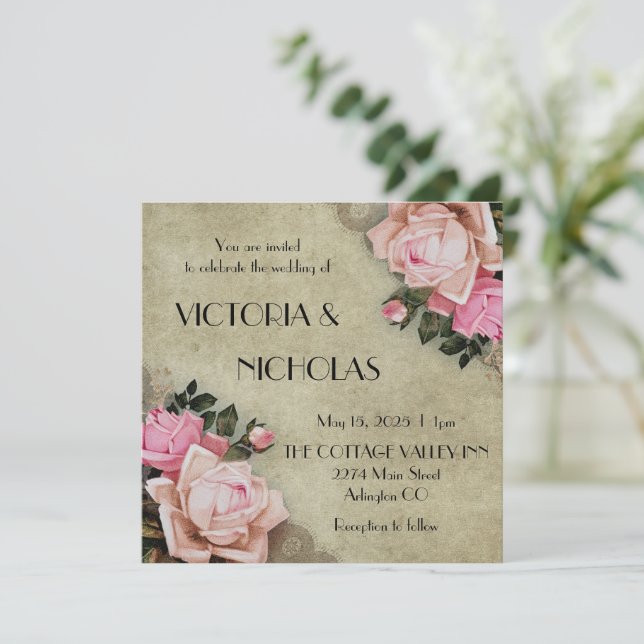 Roses rustic wedding invitation  (Standing Front)