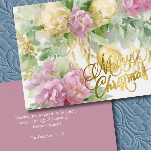 Roses Satin Ribbon Evergreen Mauve Cream Christmas Holiday Card (Creator Uploaded)