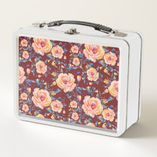 Roses, seamless, red background pattern metal lunch box