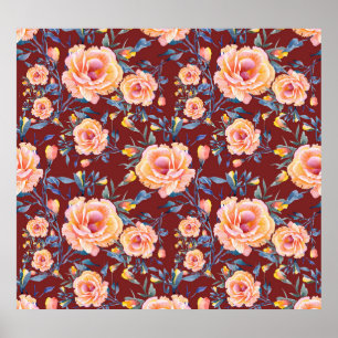 Roses, seamless, red background pattern poster