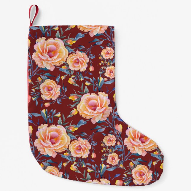 Roses, seamless, red background pattern small christmas stocking (Front)
