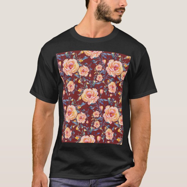 Roses, seamless, red background pattern T-Shirt (Front)