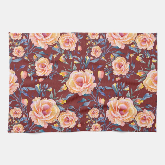 Roses, seamless, red background pattern tea towel (Horizontal)